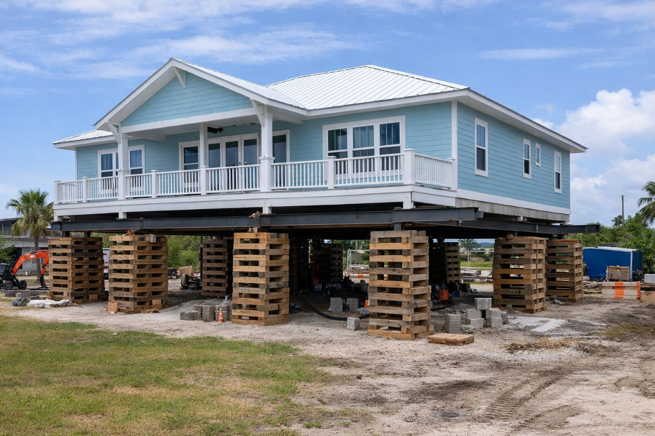 House elevated mid-lift on hydraulic crib stacking system